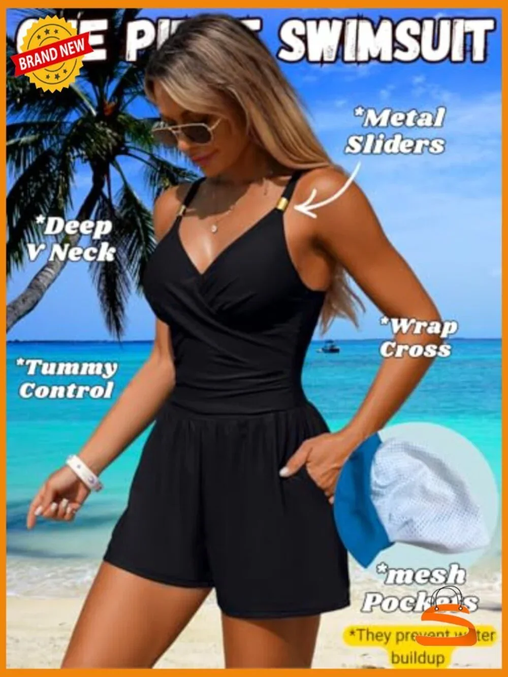Tummy Control One Piece Swim Romper with Pockets Modest Bathing Suit Beach